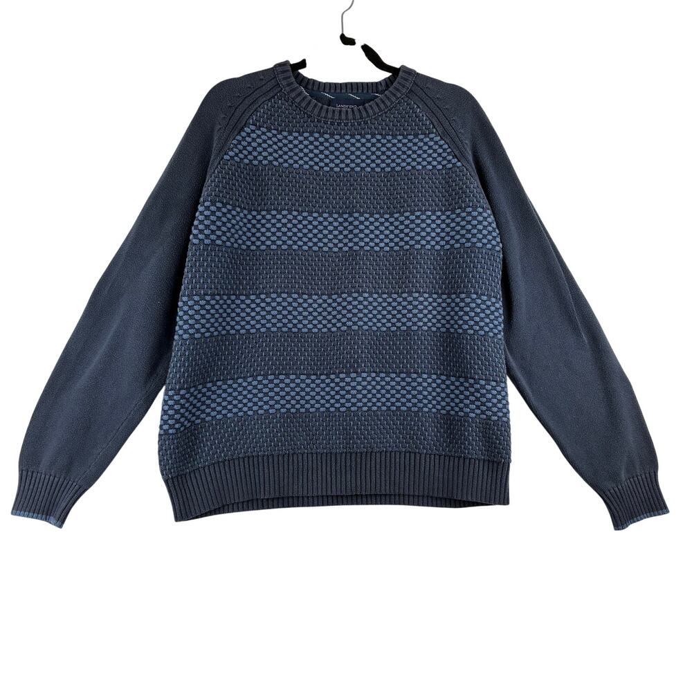 Lands End Drifter Sweater Men’s XL Navy Cotton Fisherman Nautical Striped Chunky